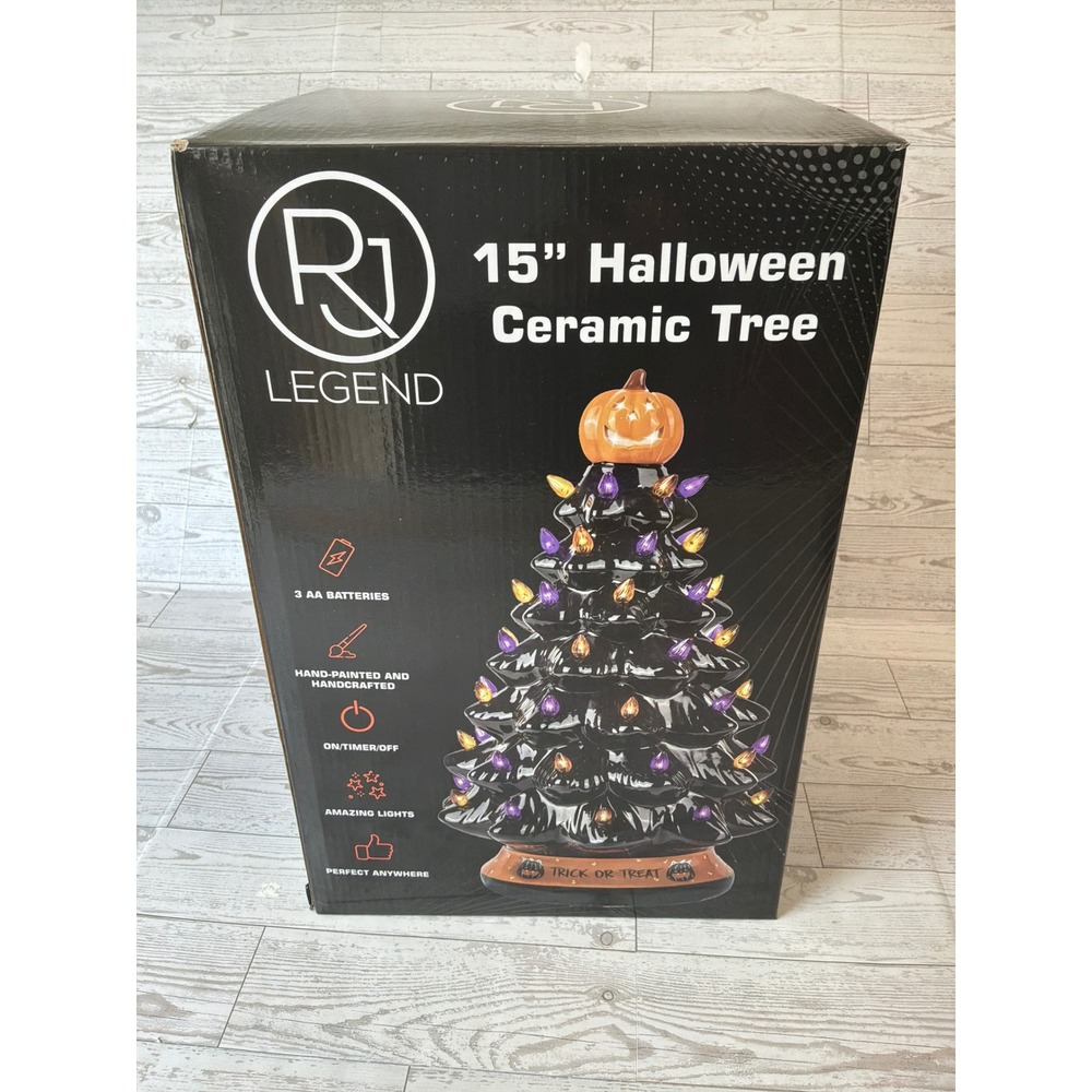 RJ Legend 15" Halloween Ceramic Tree Lighted Pumpkin Black Spooky Decor NIB